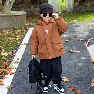 男童加绒外套秋冬季2025新款痞帅儿童连帽加厚派克服冬装男宝衣服