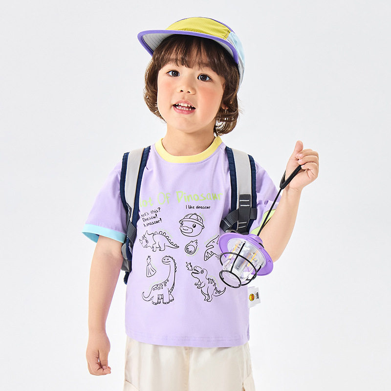 小黄鸭童装短袖2026新款男童恐龙印花夏宝宝恤儿童休闲棉上衣百搭
