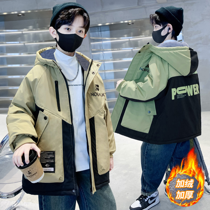 男童外套加绒秋冬款2025新款洋气中大儿童冬季加厚连帽派克服棉衣