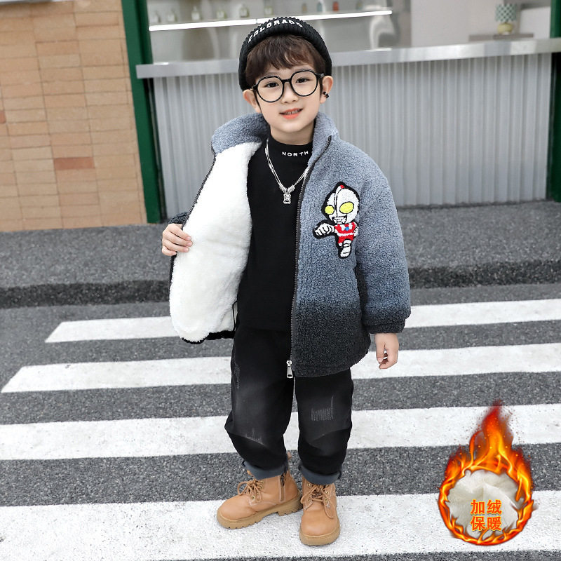 男童秋冬加绒加厚毛毛衣外套2025新款儿童冬季保暖棉衣男宝宝