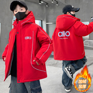 男童秋冬款外套加绒加厚2025新款大童冬装儿童冬季男孩红色派克服