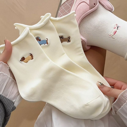 卷边白色袜子女可爱卡通小狗