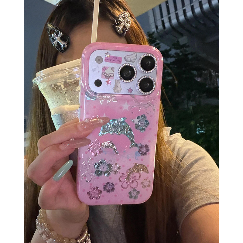欧略 少女粉爱心钻石纹海豚花朵适用苹果18promax手机壳iPhone17新款16pro超好看15防摔保护套17pro卡通女款
