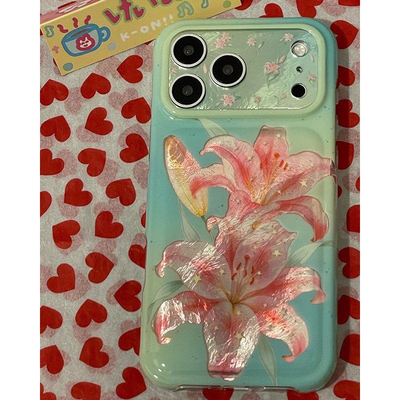 欧略 小清新绿晕染锡纸纹粉色百合花适用苹果18promax手机壳iPhone17新款16超好看15pro防摔保护套17pro女款