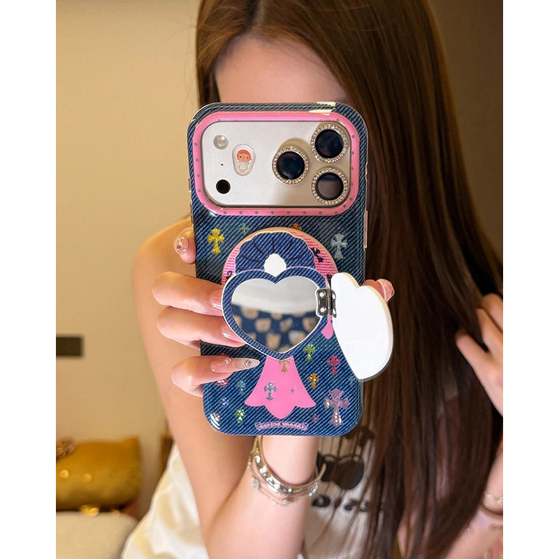 欧略 鎏金彩色十字架爱心镜子磁吸支架适用苹果18promax手机壳iPhone16新款17高级感15防摔保护套17pro女款