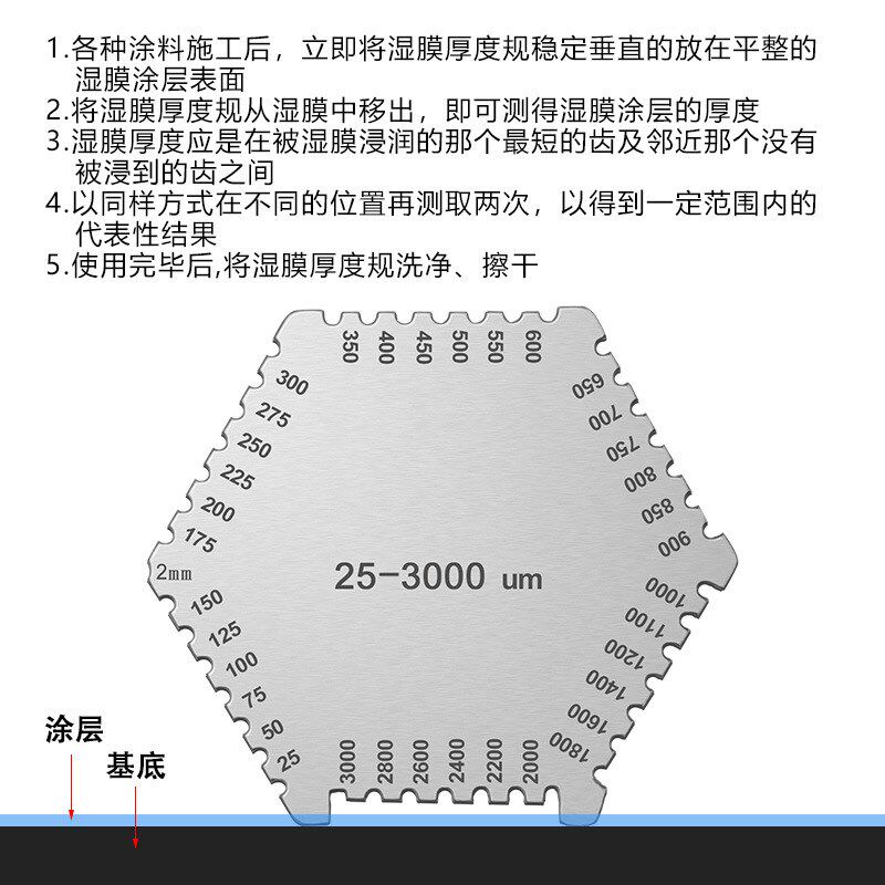 湿膜梳测厚仪 不锈钢六角湿膜梳 梳规湿膜卡湿膜片油漆测厚度规