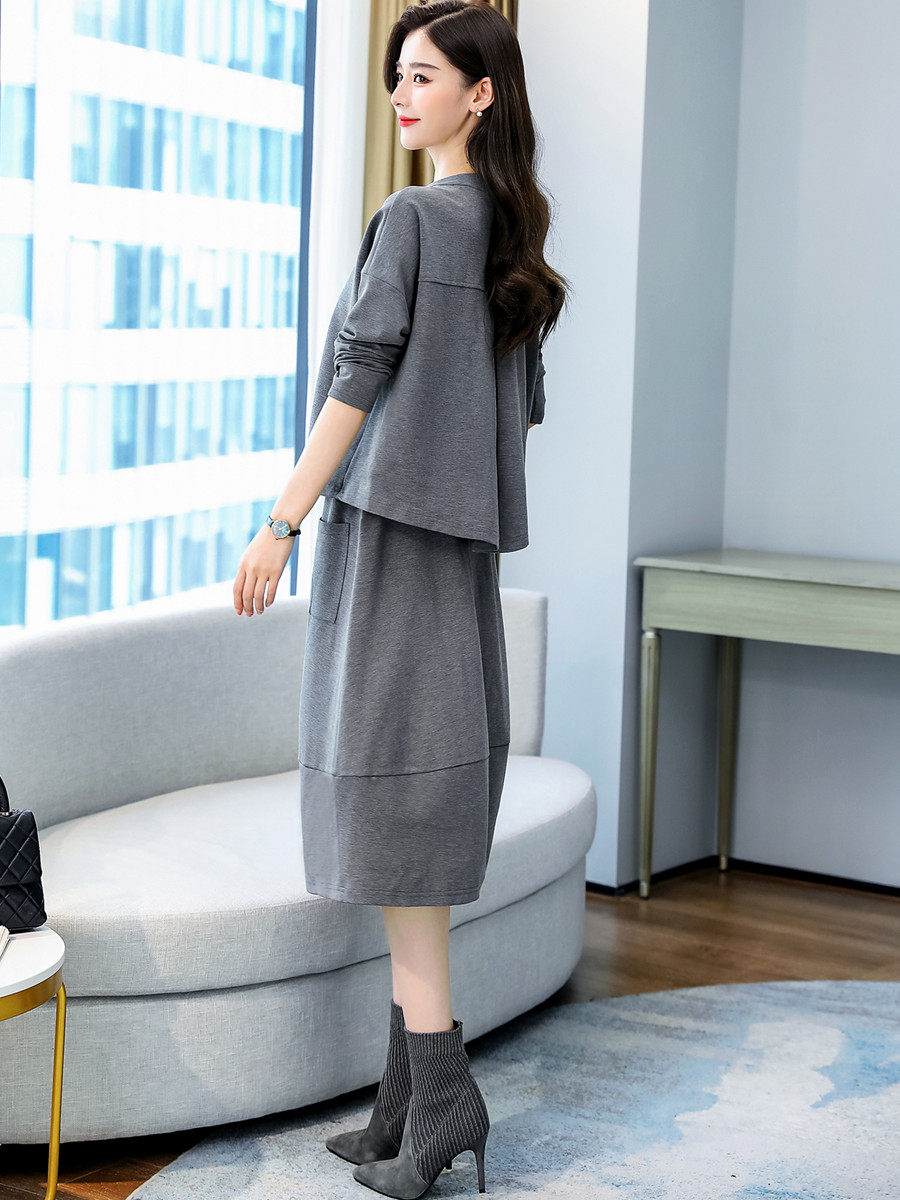 长袖连衣裙女秋装2022年新款早秋女神范显瘦时尚休闲两件套装裙子,女装套装/套裙,妃曼