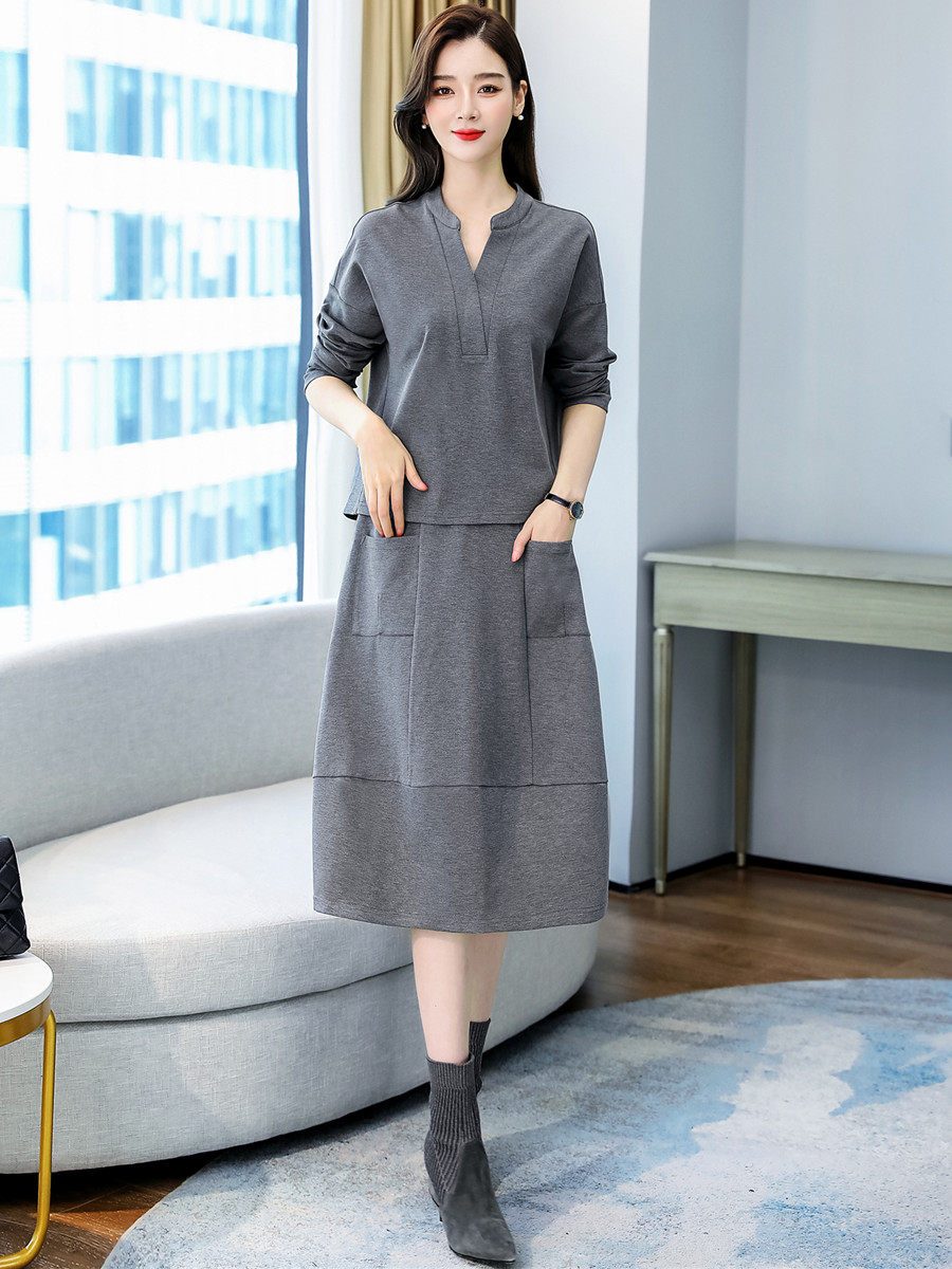 长袖连衣裙女秋装2022年新款早秋女神范显瘦时尚休闲两件套装裙子，女装套装/套裙，妃曼