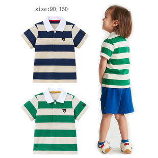夏季新款儿童亮色条纹POLO短袖纯棉珠地做工男童半袖刺绣小熊T恤
