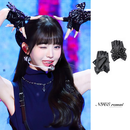 Nice男女款pu皮蝴蝶结铆钉皮手套