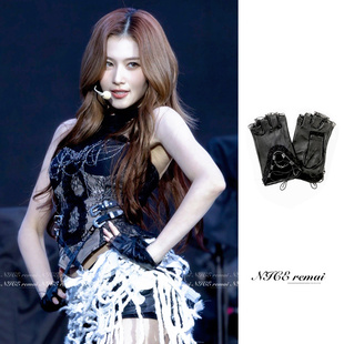 sana同款 蕾丝绑带皮手套kpop女团音乐节表演网红辣妹直播露指手饰