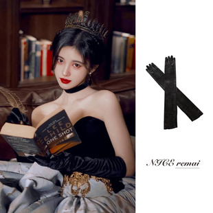 鞠婧祎同款 复古优雅高端演出晚礼服拍照缎面手臂套长 金丝绒手套