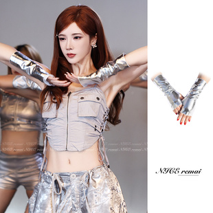 Y2k千禧辣妹银色皮手套Kpop网红音乐节赛博朋克未来机械感手袖 cos