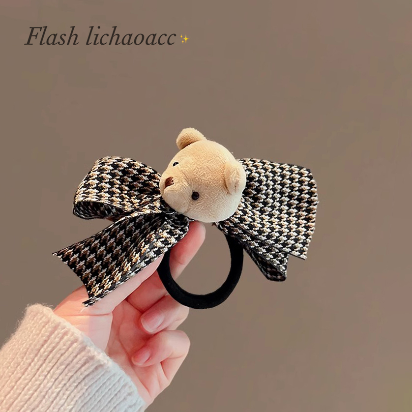 韩版发饰2024新款法式黑白格子动漫小乖熊珍珠蝴蝶结发圈发绳头绳