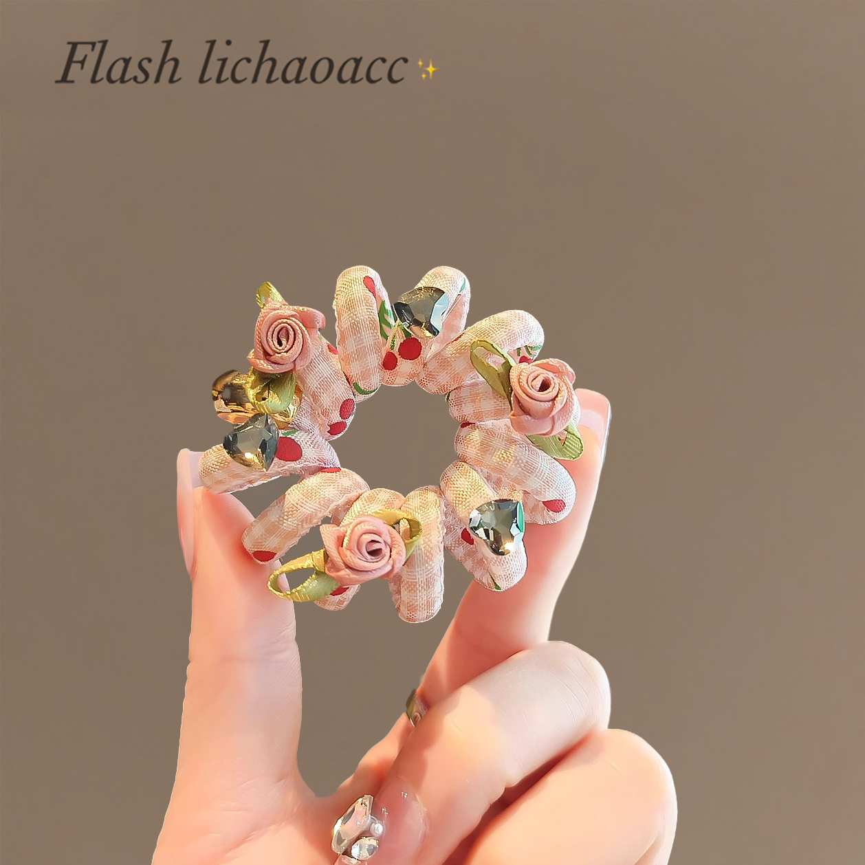 韩国东大门春夏新款粉色花朵电话线发圈简约无痕扎发皮筋丸子头绳