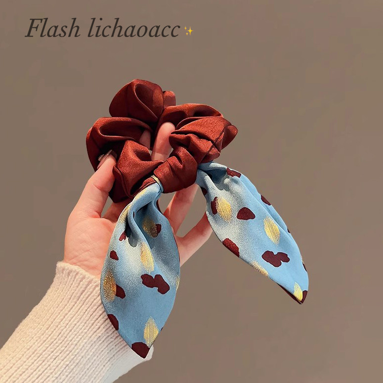 韩国发饰2024新款高级感精致红棕色豹纹飘带丝带发圈大肠圈头饰