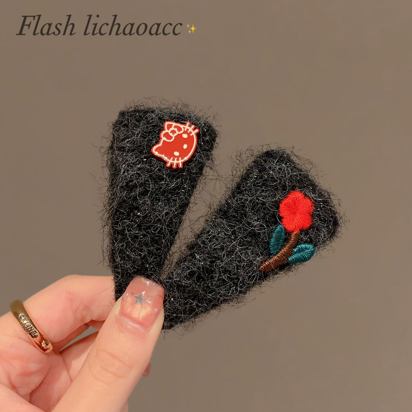 韩系黑灰色毛毛发夹百搭小花kt猫侧边夹秋冬新款碎发刘海夹bb夹女