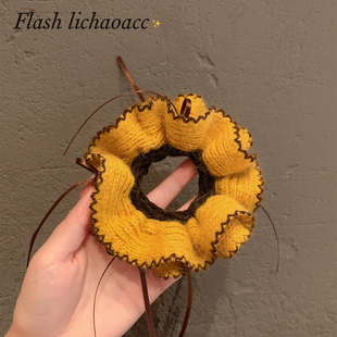 韩系质感毛织发圈橘黄扎马尾发绳不伤发肠圈2025新款蝴蝶结头绳女