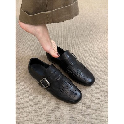 羊皮版~复古布洛克真皮方头乐福单鞋女百搭黑色皮带扣流苏小皮鞋