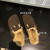 2025早春兔毛皮毛一体勃肯毛毛半托拖鞋 真皮厚底包头拖男女同款