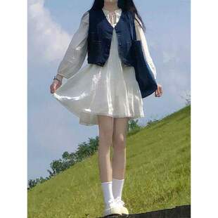 早秋一整套穿搭学院风复古牛仔背心马甲女蕾丝边系带娃娃连衣裙