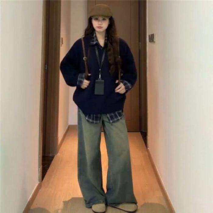 韩系慵懒风复古V领套头针织衫毛衣女学生秋冬叠穿格纹衬衫两件套