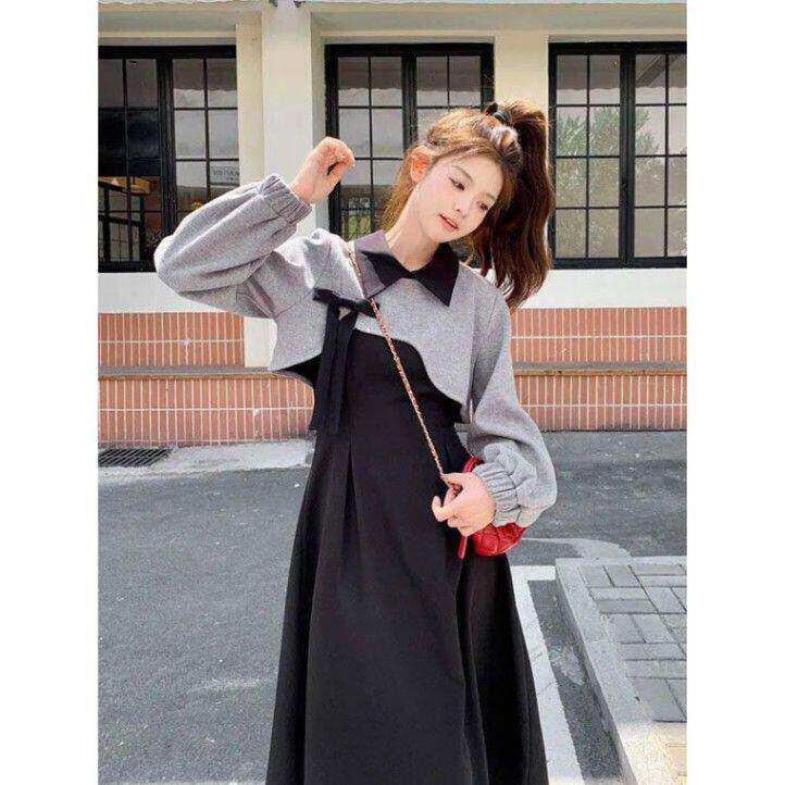 韩版学院风气质收腰翻领背心连衣裙女学生秋冬灰色针织衫两件套