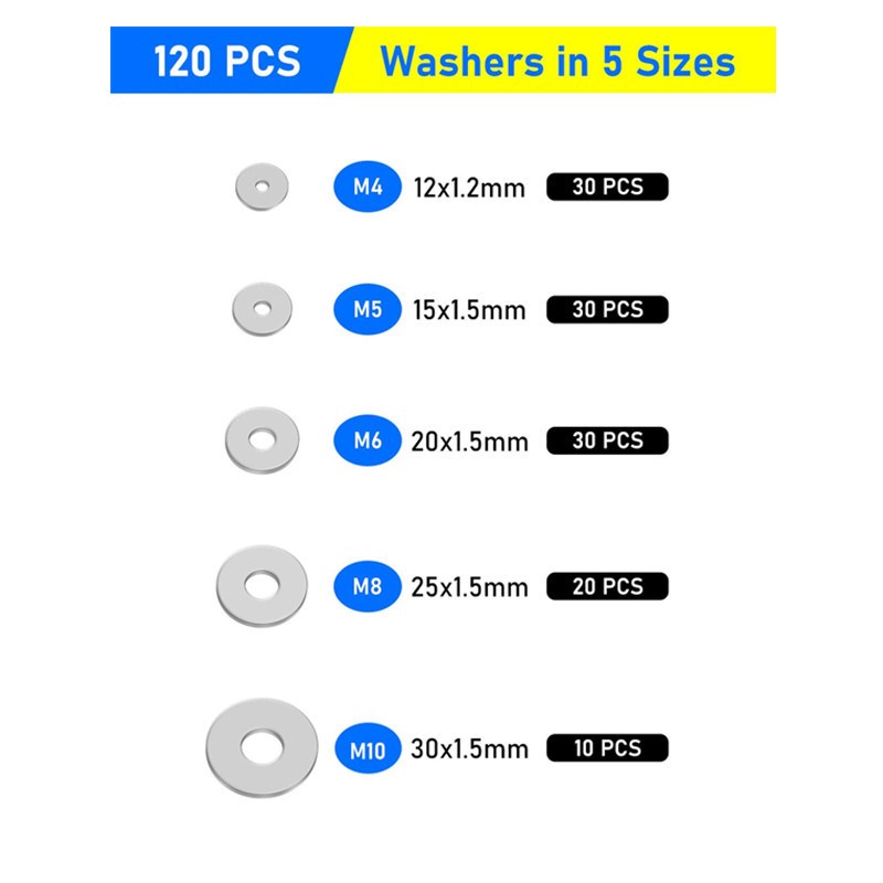 120pcs 304大外径平垫金属平垫圈螺丝T介子金属垫片盒装