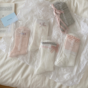 薄款 粉色袜子女甜美立体蝴蝶结中筒袜夏季 芭蕾风袜子lolita堆堆袜