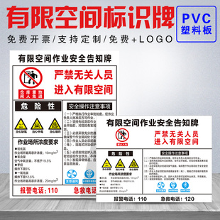 有限空间作业安全告知牌警示牌进入受限空间作业危险闲人免进密闭空间注意事项警告牌周知卡提示牌标识标识牌
