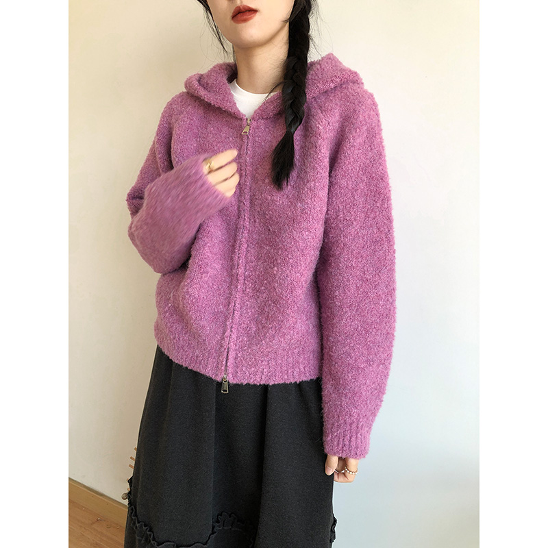 温柔慵懒风连帽拉链显瘦针织开衫