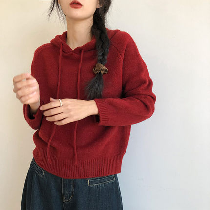 毛衣女款秋冬季复古日系慵懒风宽松外穿小个子连帽针织衫上衣加厚