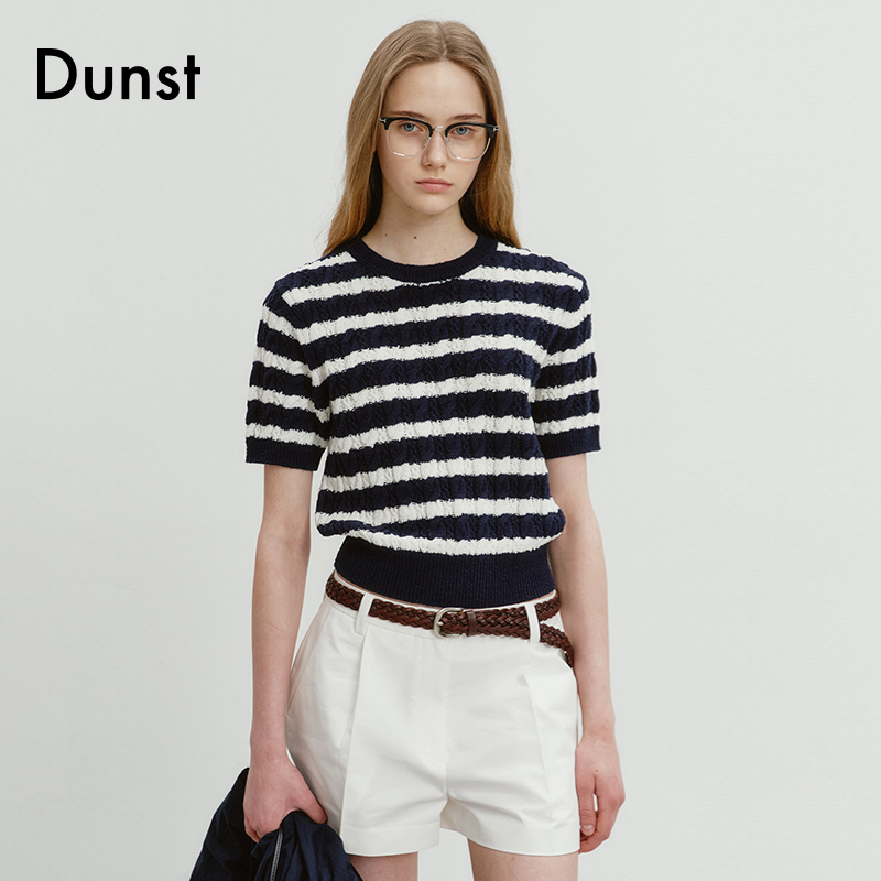 Dunst2024夏季新品棉质麻花纹针织衫女条纹修身短袖半袖UDSW4B225-封面