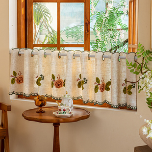 刺绣咖啡帘短帘免打孔成品窗户帘厨房橱柜半帘飘窗橱窗小窗帘纱帘