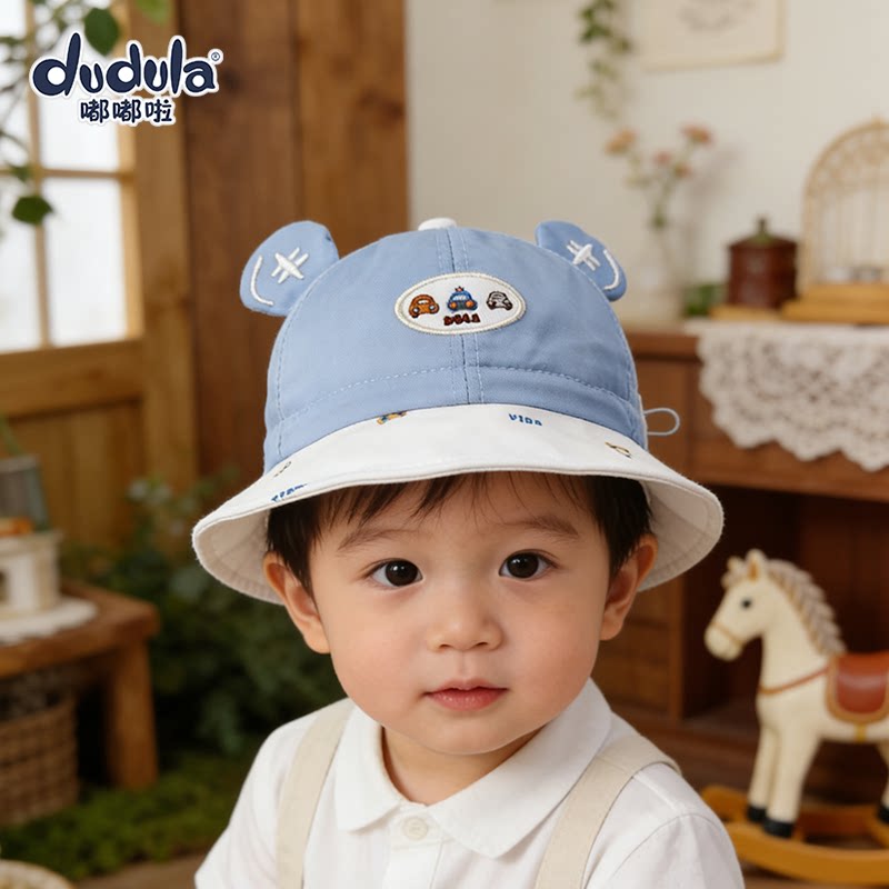 嘟嘟啦婴幼儿童盆帽卡通遮太阳帽子男女宝宝渔夫帽春秋棉布帽子韩
