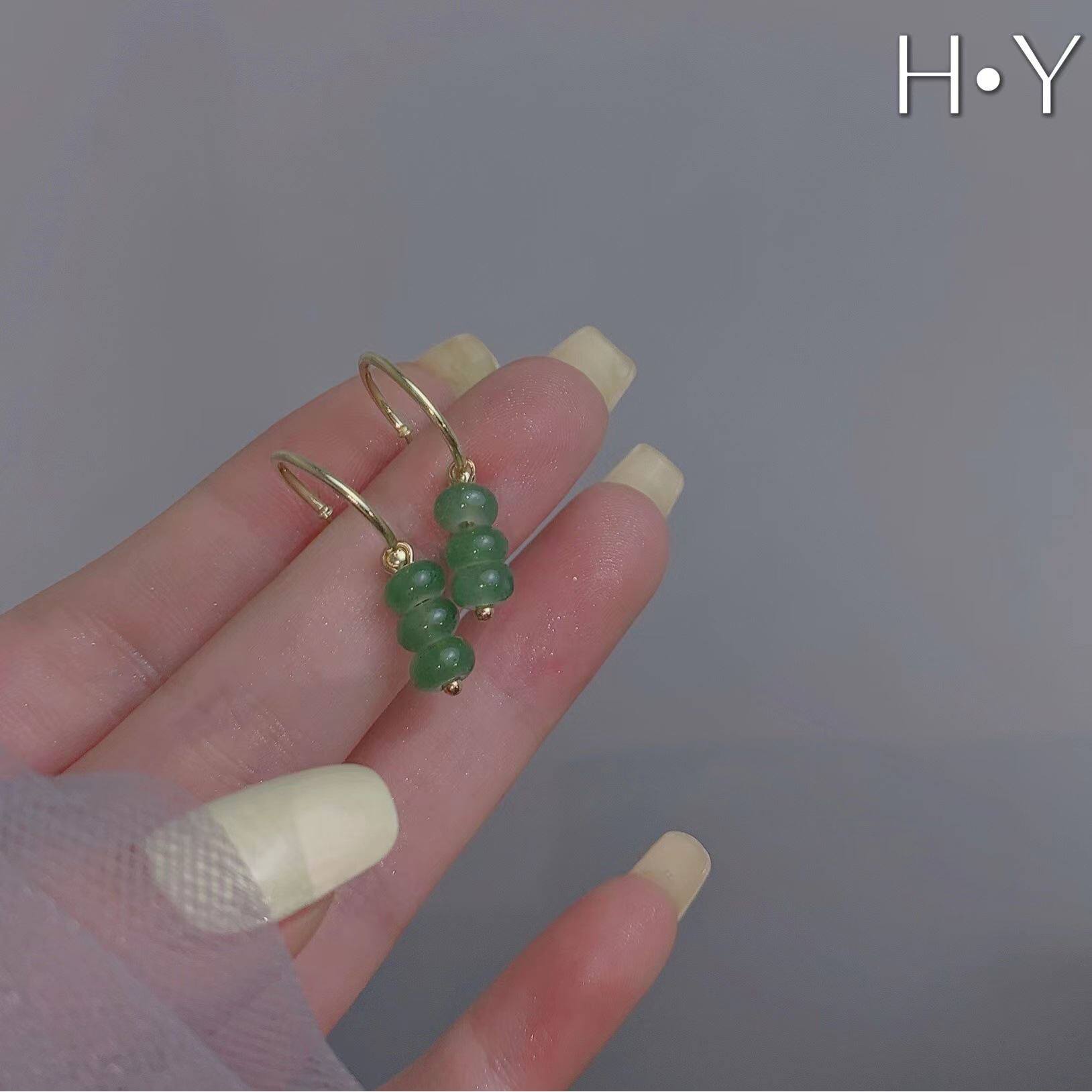 古风绿色琉璃石耳环国潮气质百搭小众设计感ins风网红耳简约百搭