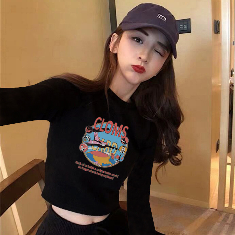 黑色短款上衣女长袖秋冬修身显瘦洋气卡腰露脐百搭印花t恤纯棉潮