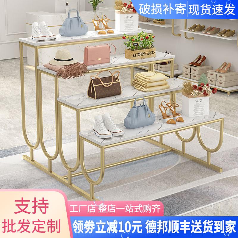 服装店轻奢铁艺展示架商场鞋架中岛置物货架鞋店包包仿石纹流水台
