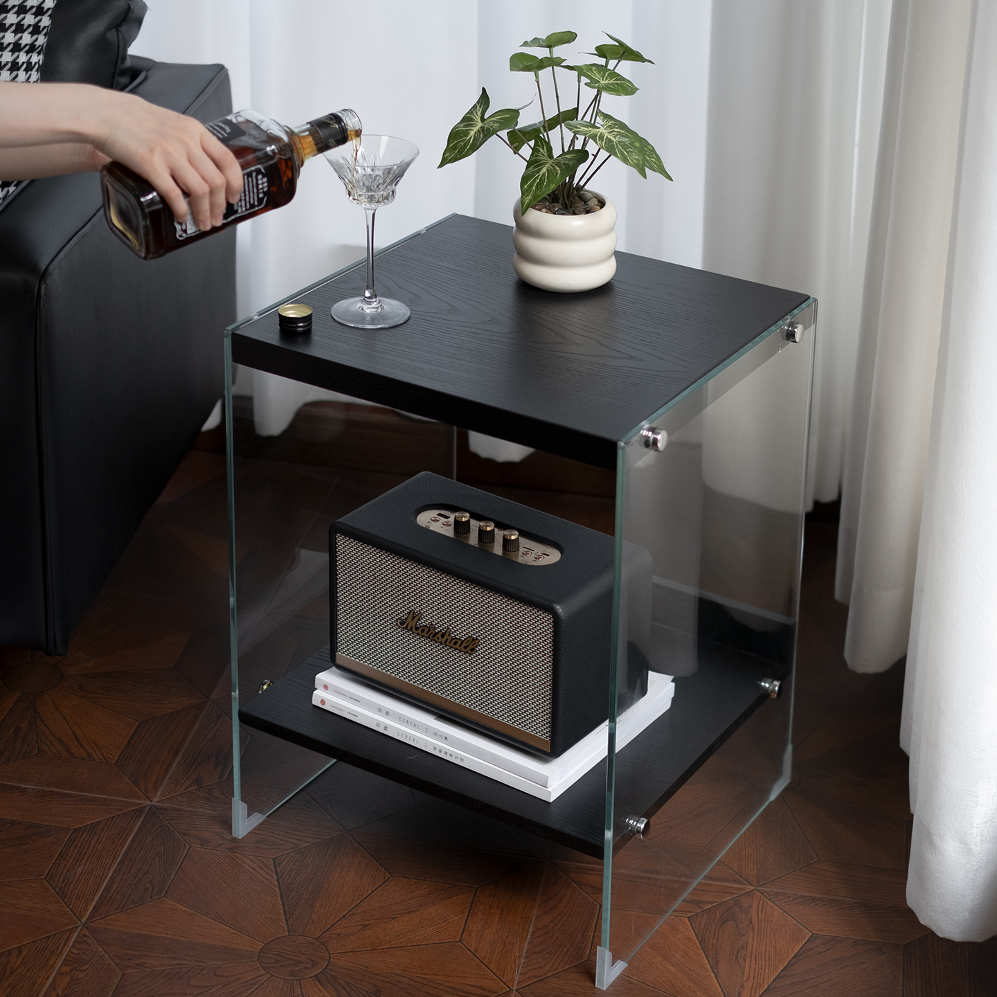 闻森家居客厅沙发边几ins风现代简约小户型黑实木卧室床边置物架