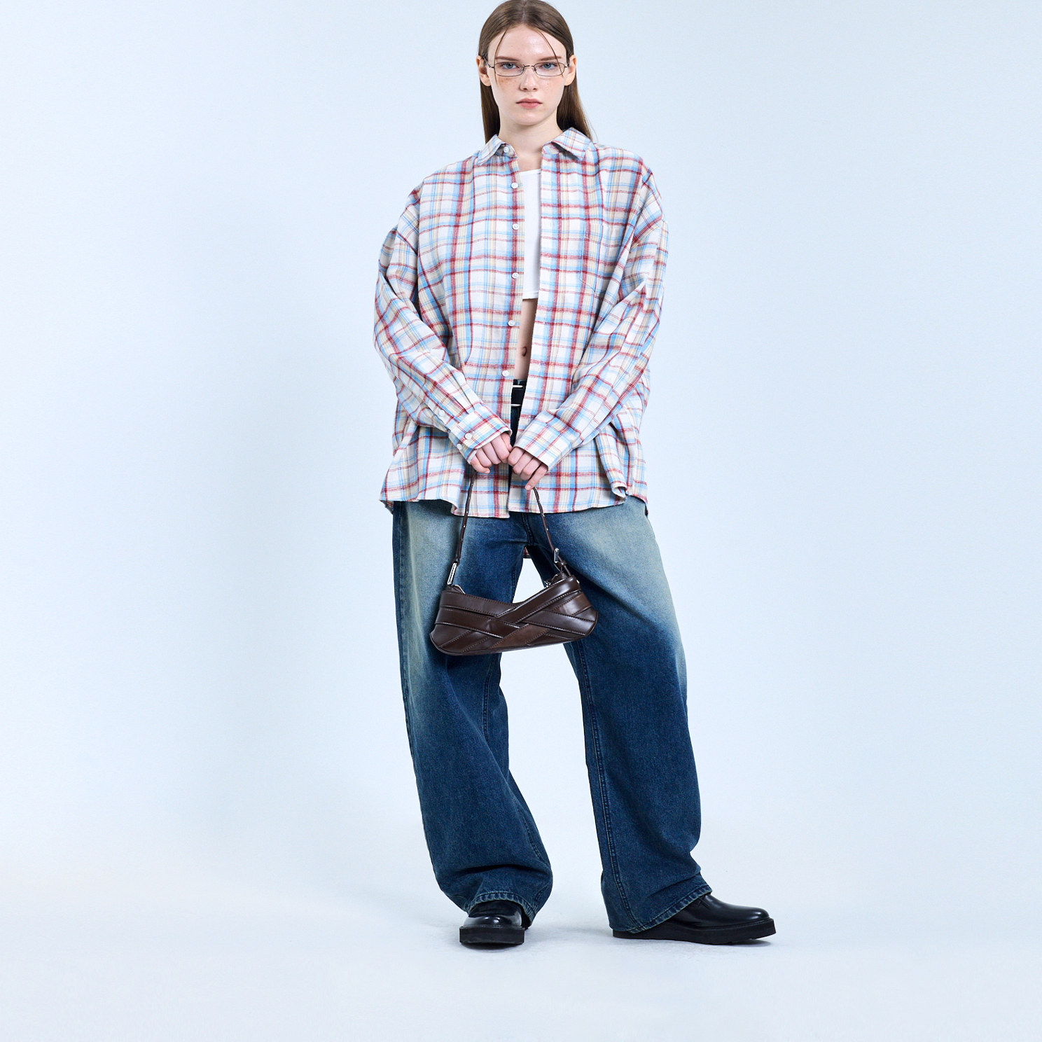 格子衬衫长袖宽松休闲百搭上衣-090