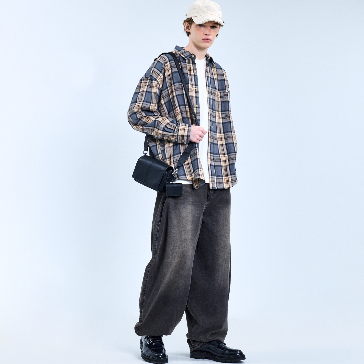 美式复古格子衬衫男长袖宽松休闲外套潮男穿搭衬衣-074