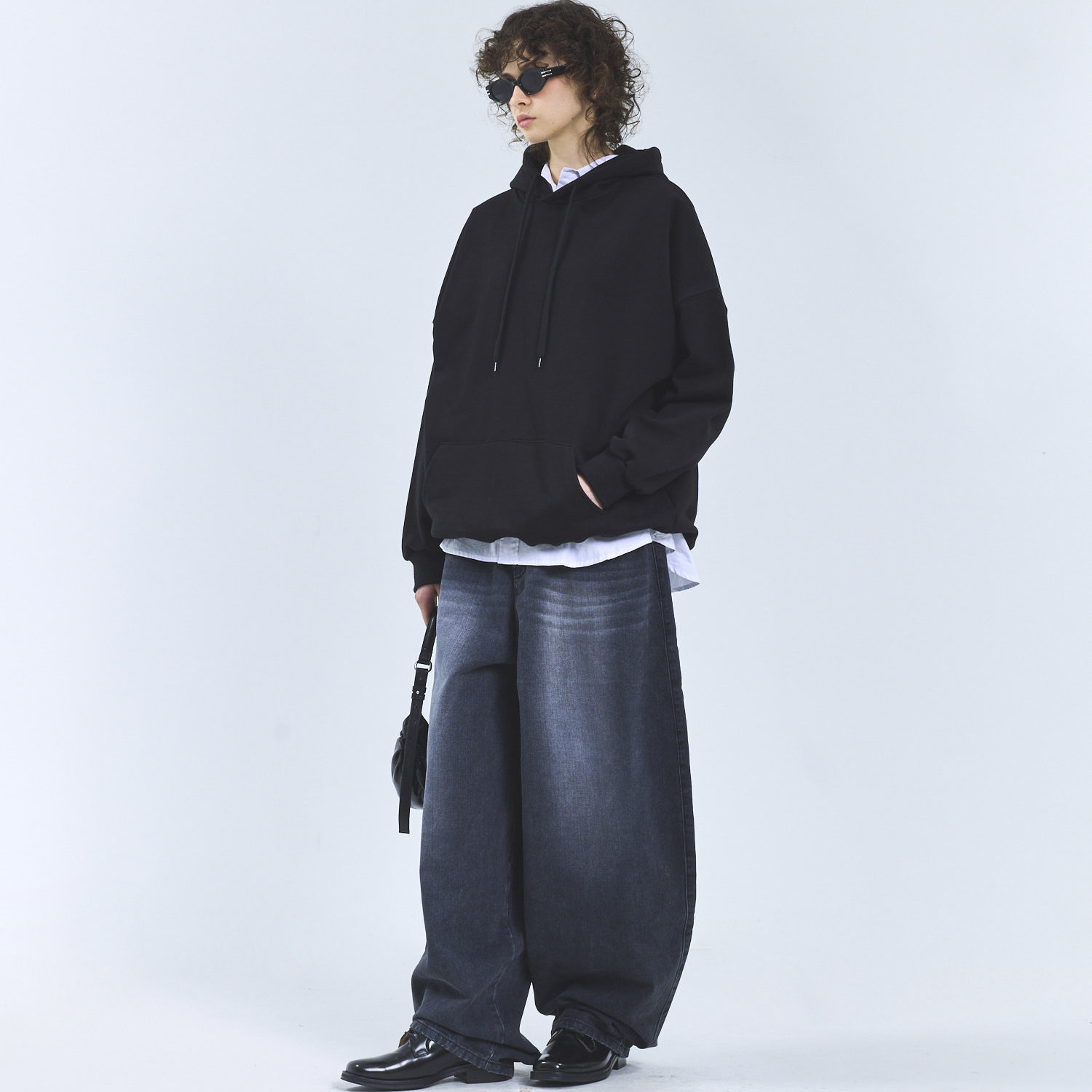 美式复古风宽松阔腿牛仔裤男女情侣款休闲长裤黑色-047