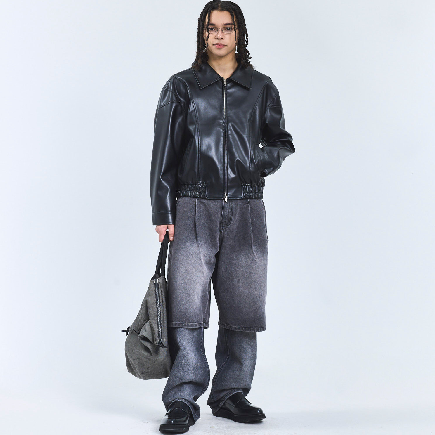 酷感翻领皮衣男宽松短款机车夹克外套-062