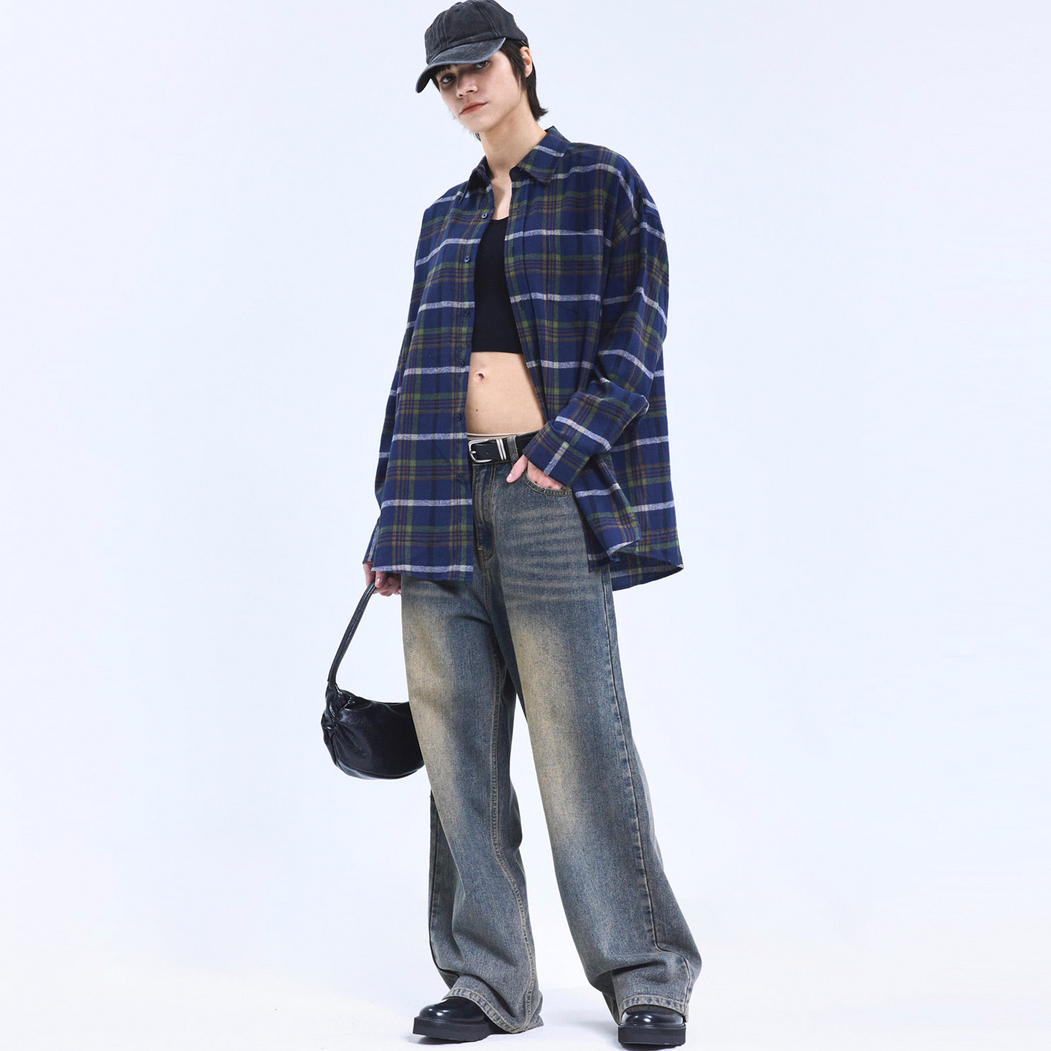 韩式休闲格子衬衫宽松设计感小众长袖衬衣潮流上衣-084