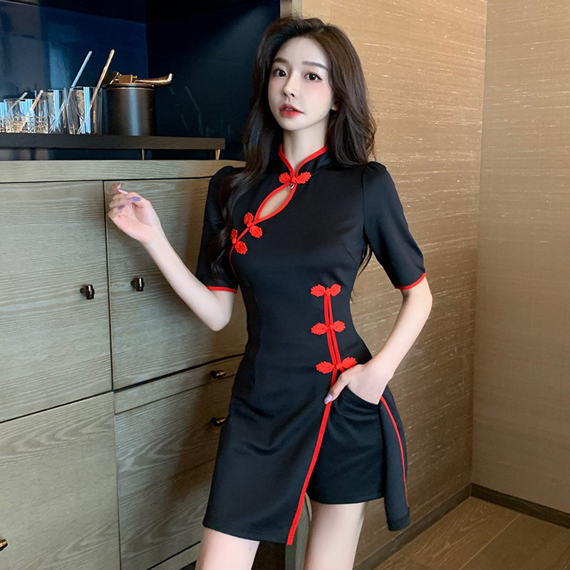 改良版旗袍2023年新款夏季连衣裙足浴技师美容院美容师工作服性感