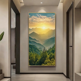 旭日东升进门玄关装饰画纯手绘风景油画东墙日出东方森林挂画
