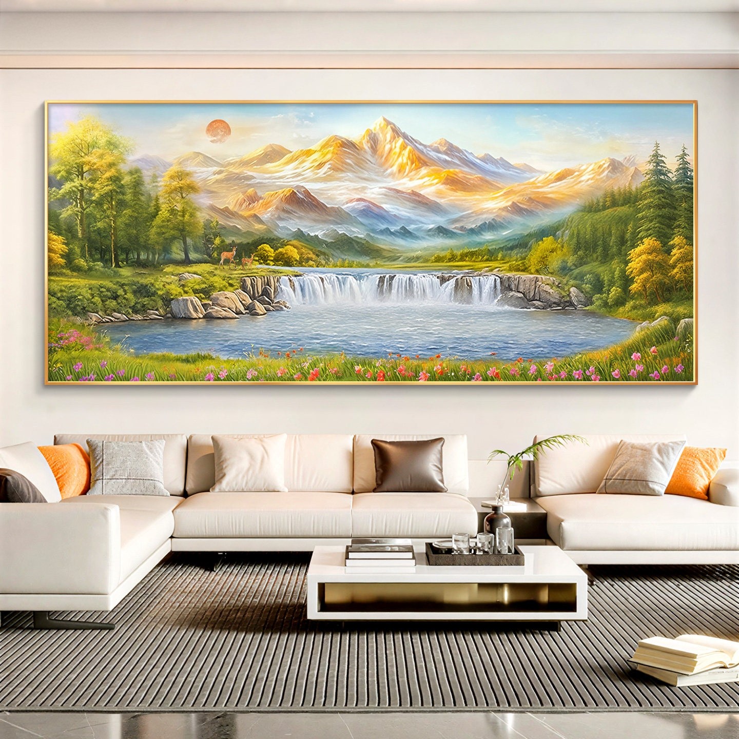 聚宝盆山水画客厅沙发背景墙装饰画轻奢高级感挂画东墙聚财壁画,家居饰品,现代装饰画,淘宝优惠券,粉丝福利购,淘宝优惠卷