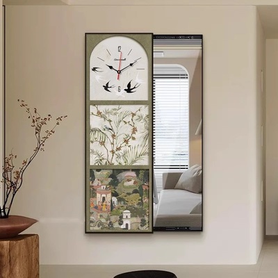 中古风玄关挂画隐藏式全身镜可推拉关闭隐形穿衣镜壁画镜子带钟表