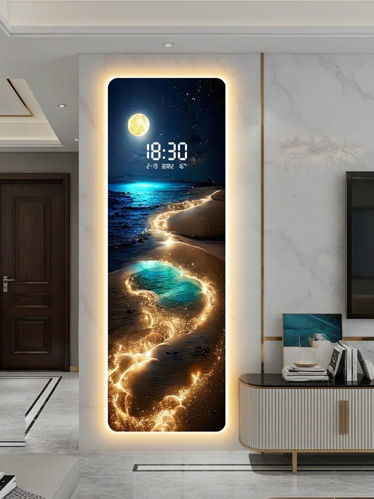 海浪客厅电视背景墙装饰画带人体感应电子时钟玄关装饰画创意壁灯
