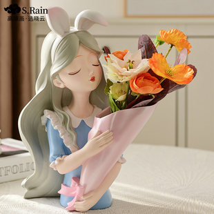 北欧风爱丽丝捧花女孩客厅饭厅花瓶托 托盘摆件玄关电视柜插花装